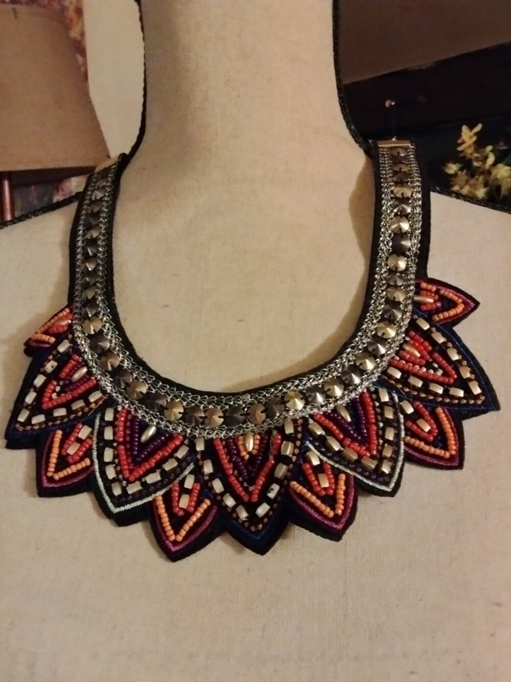 Beaded statement bib necklace.
